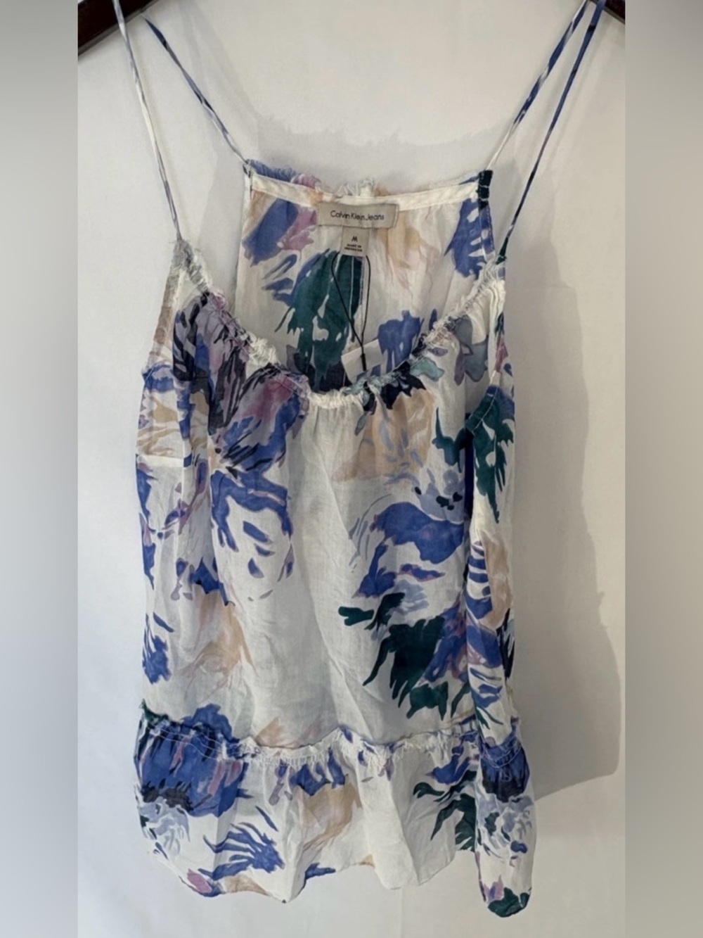 Calvin Klein Women's Floral Gauzy Tank Top NWT Medium White Blue Purple Beige